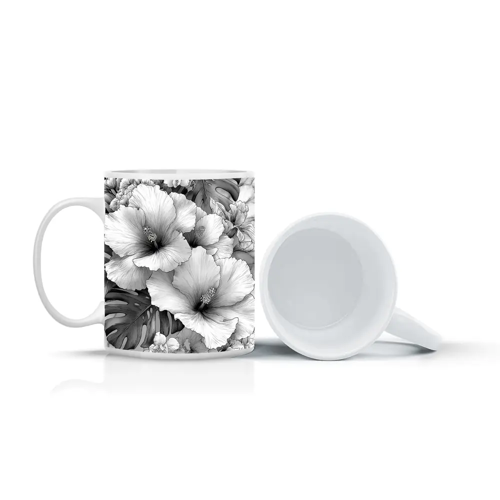 Hibiscus Flowers Monstera Leaves Black White Drawing – Mugs