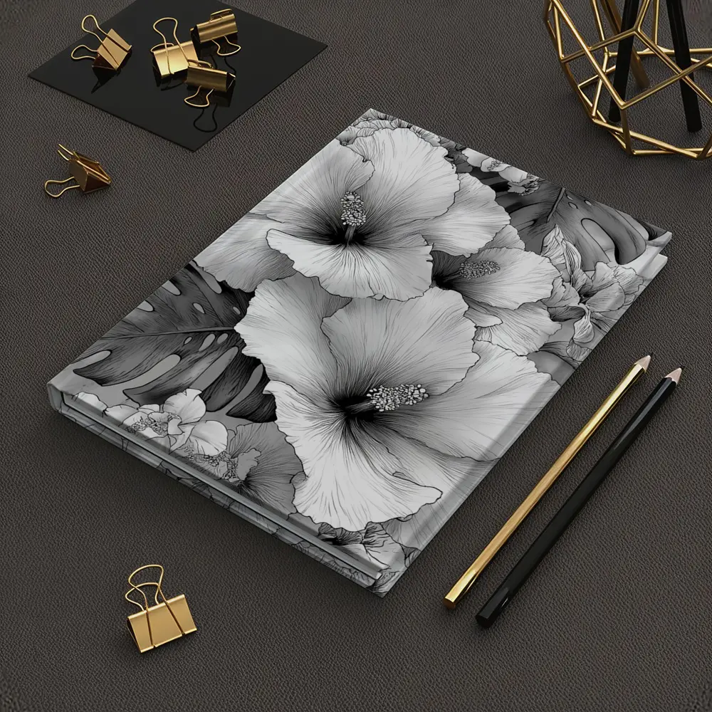 Hibiscus Flowers Monstera Leaves Black White Drawing – Notebooks