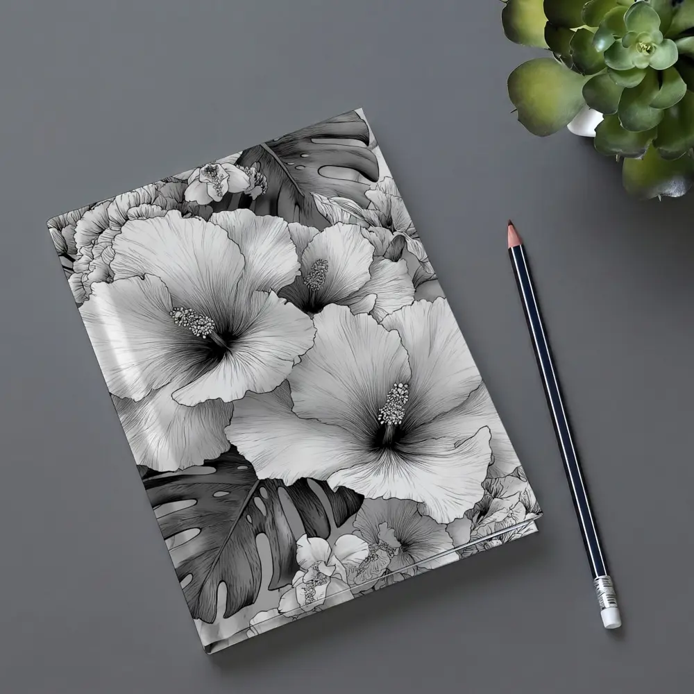 Hibiscus Flowers Monstera Leaves Black White Drawing – Notebooks