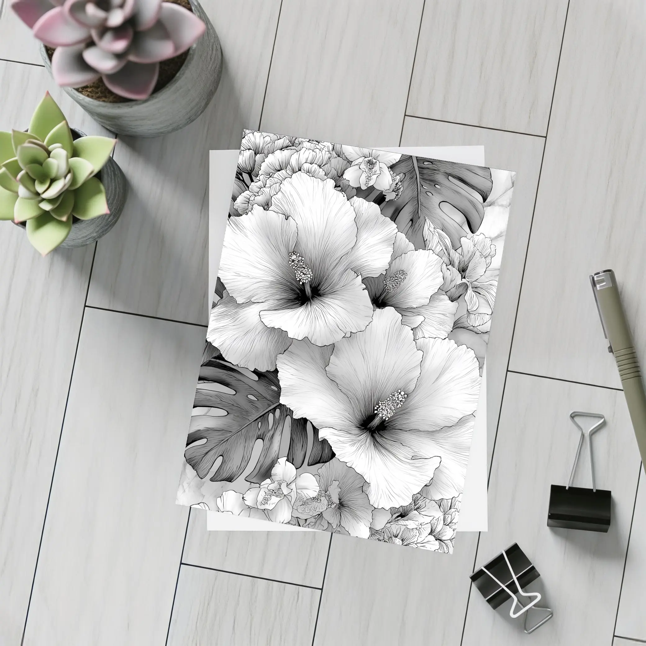 Hibiscus Flowers Monstera Leaves Black White Drawing – Postcards
