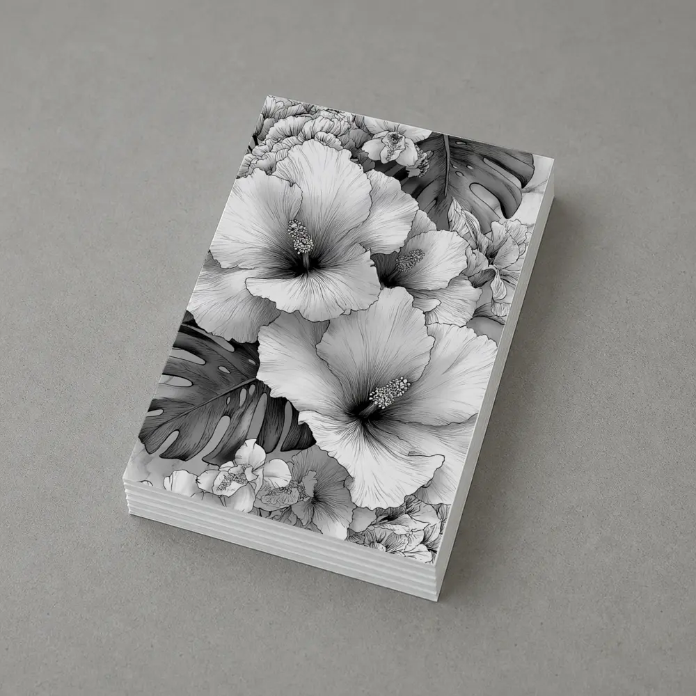 Hibiscus Flowers Monstera Leaves Black White Drawing – Postcards