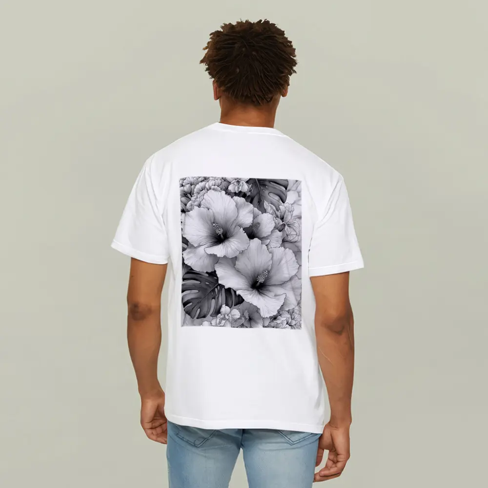 Hibiscus Flowers Monstera Leaves Black White Drawing – T-Shirts