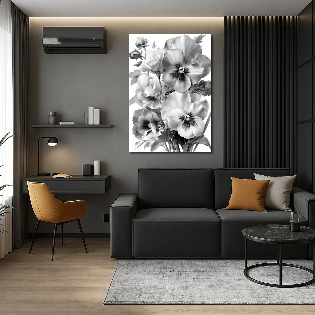 Black and White Pansy Flowers Botanical Art – Wall Art