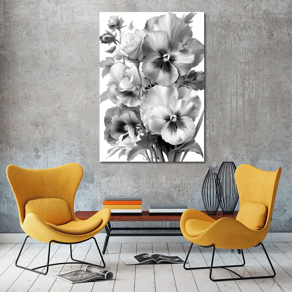 Black and White Pansy Flowers Botanical Art – Wall Art