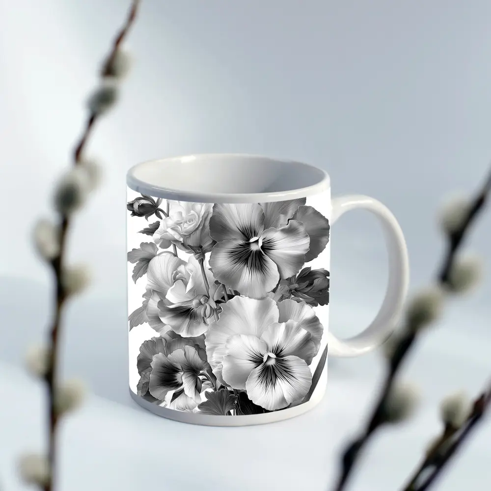 Black and White Pansy Flowers Botanical Art – Mugs