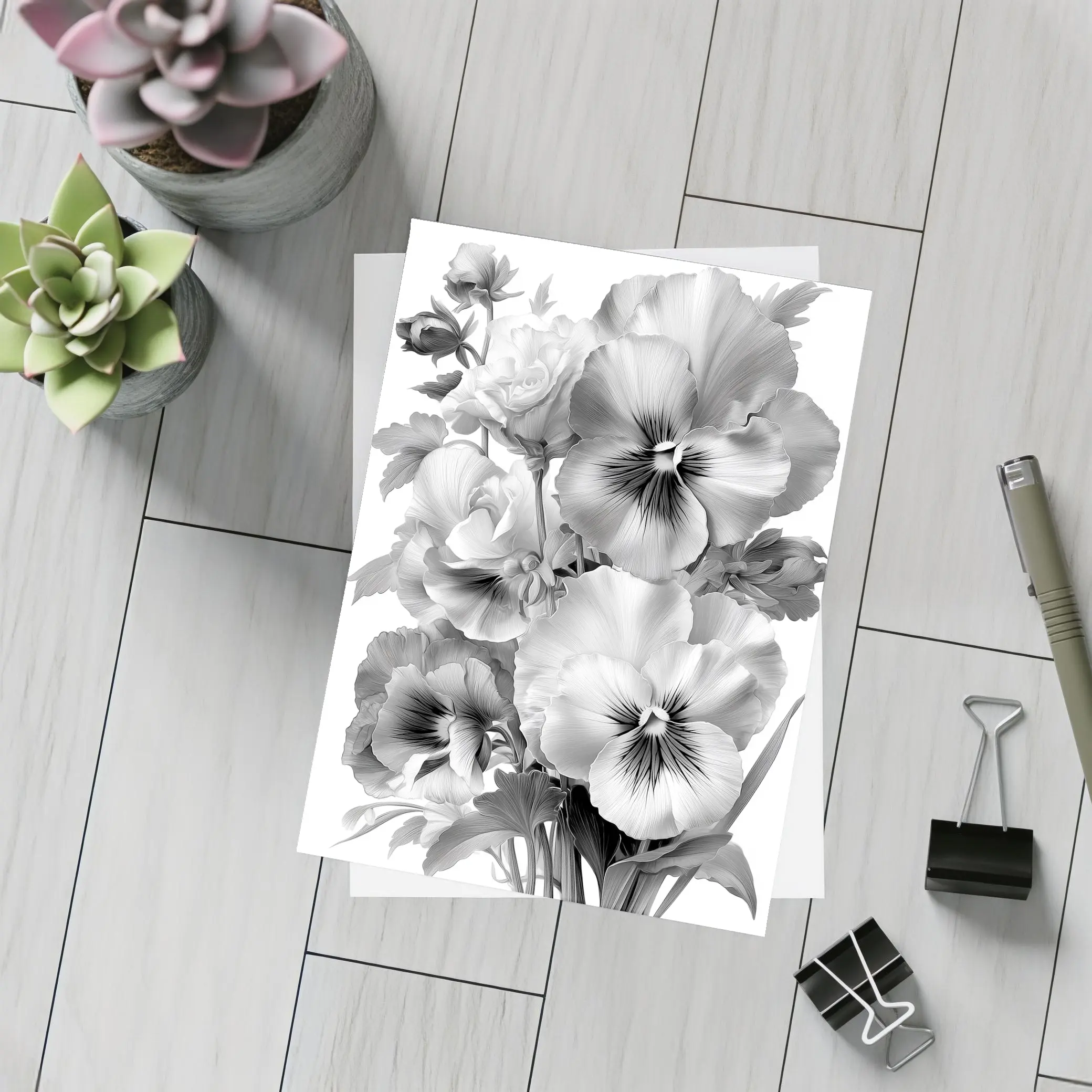 Black and White Pansy Flowers Botanical Art – Postcards