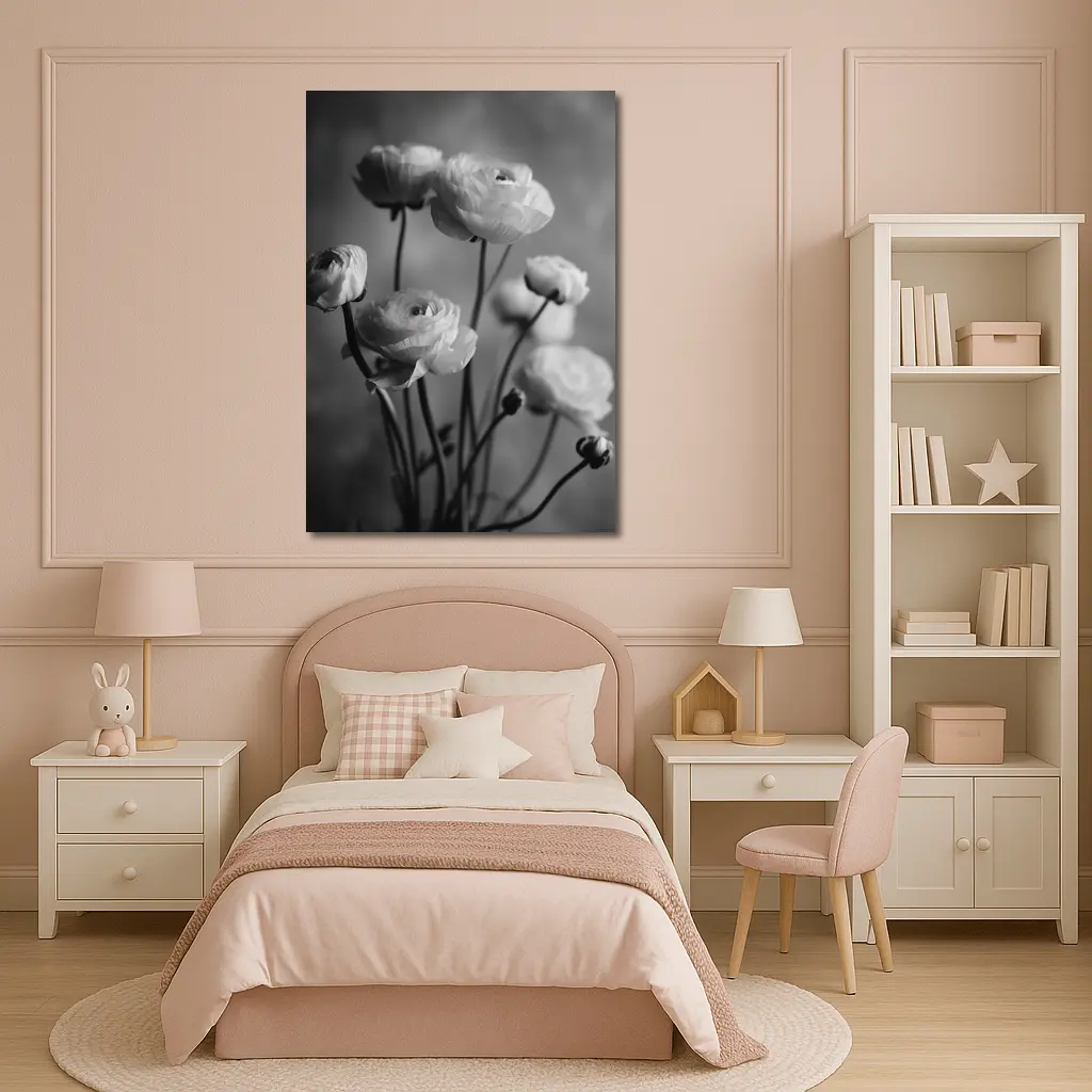 Black and White Ranunculus Flowers Soft Background – Wall Art