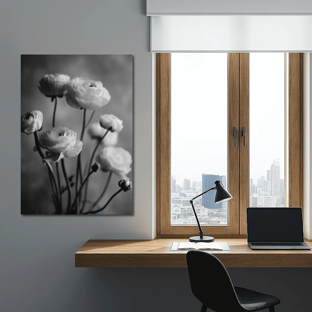 Black and White Ranunculus Flowers Soft Background – Wall Art