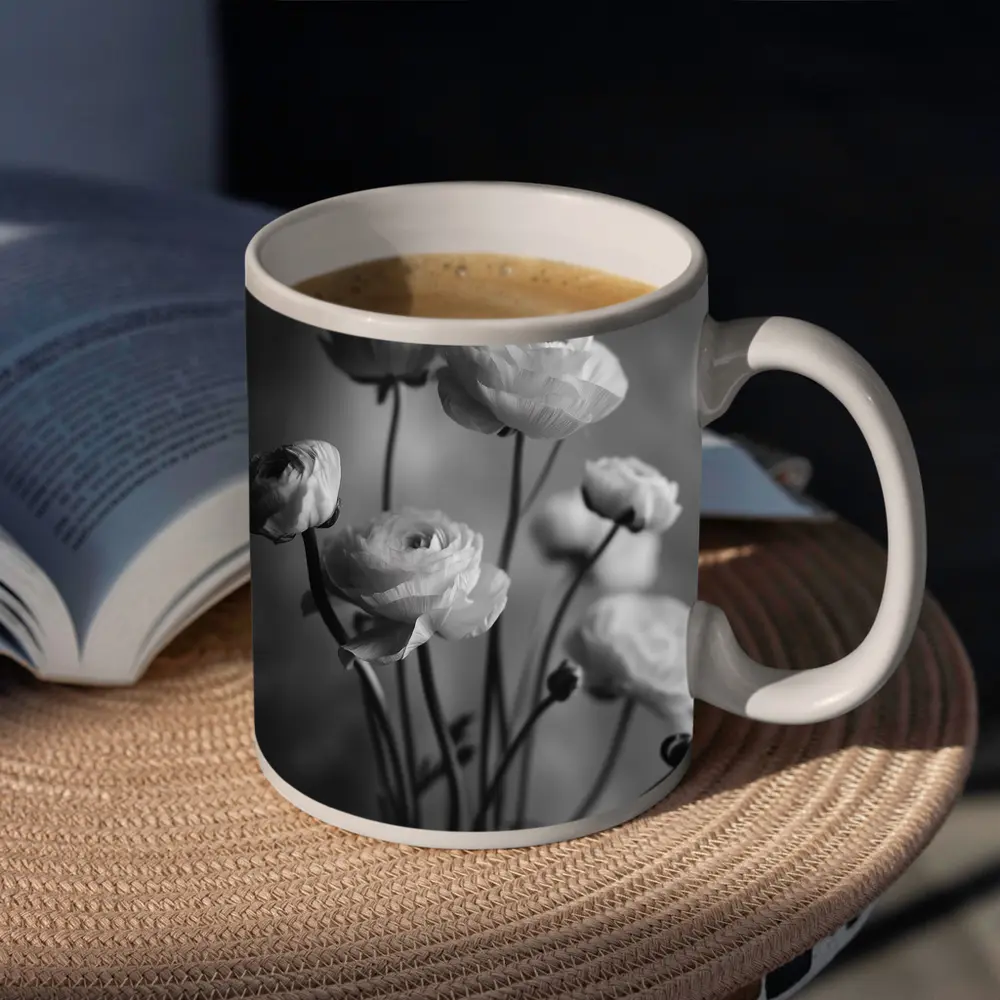 Black and White Ranunculus Flowers Soft Background – Mugs