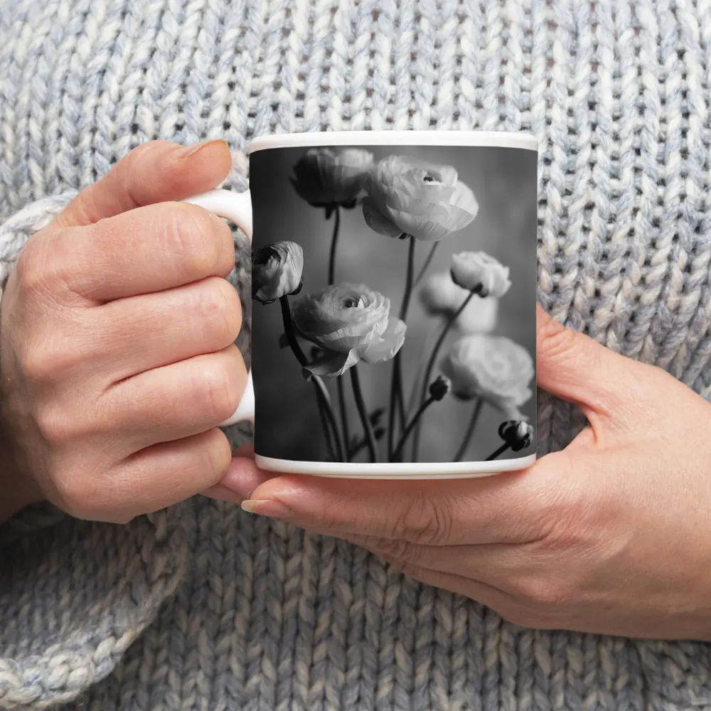 Black and White Ranunculus Flowers Soft Background – Mugs