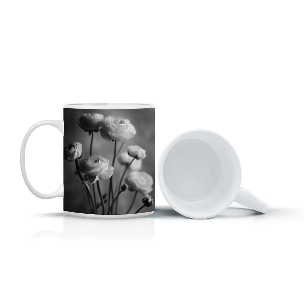 Black and White Ranunculus Flowers Soft Background – Mugs