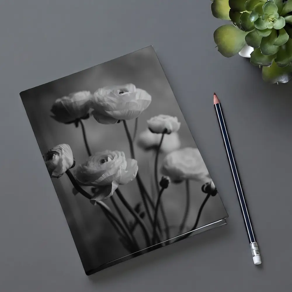 Black and White Ranunculus Flowers Soft Background – Notebooks