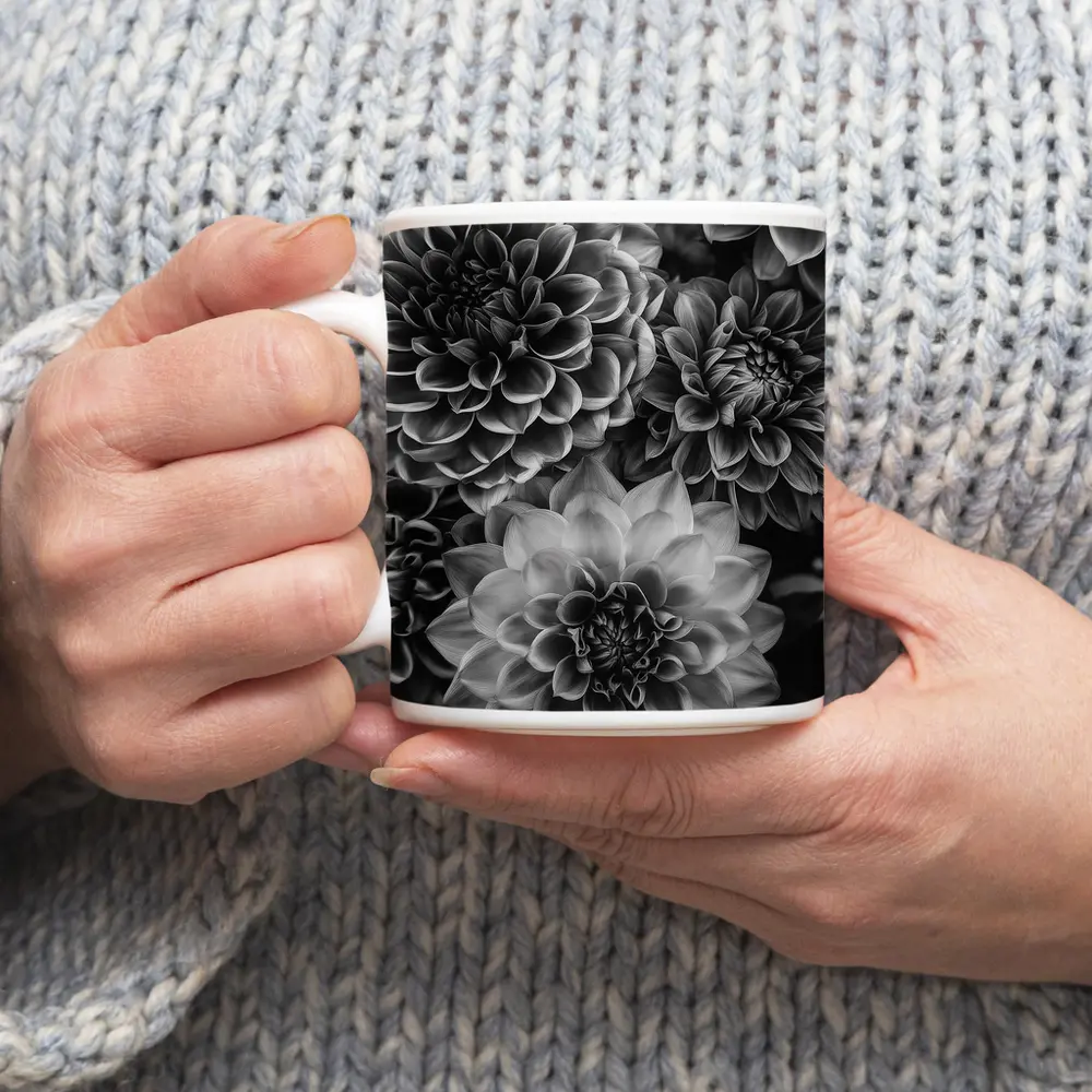 Black and White Dahlia Flowers Dark Background – Mugs