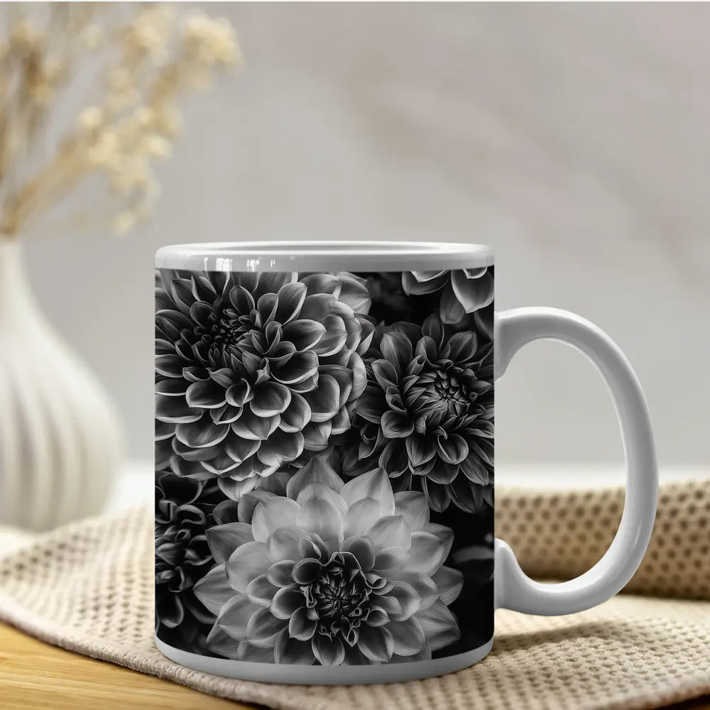 Black and White Dahlia Flowers Dark Background – Mugs