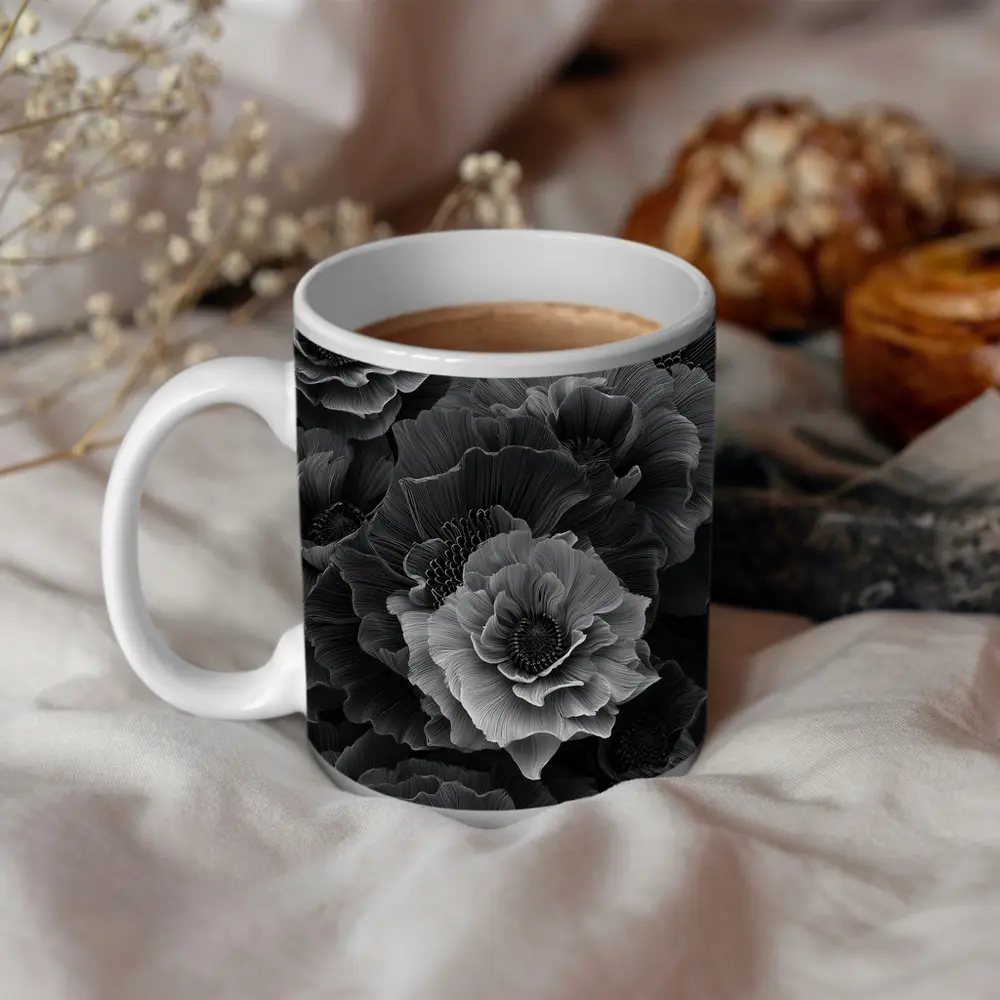 Black and White Peony Flowers Dark Art – Mugs