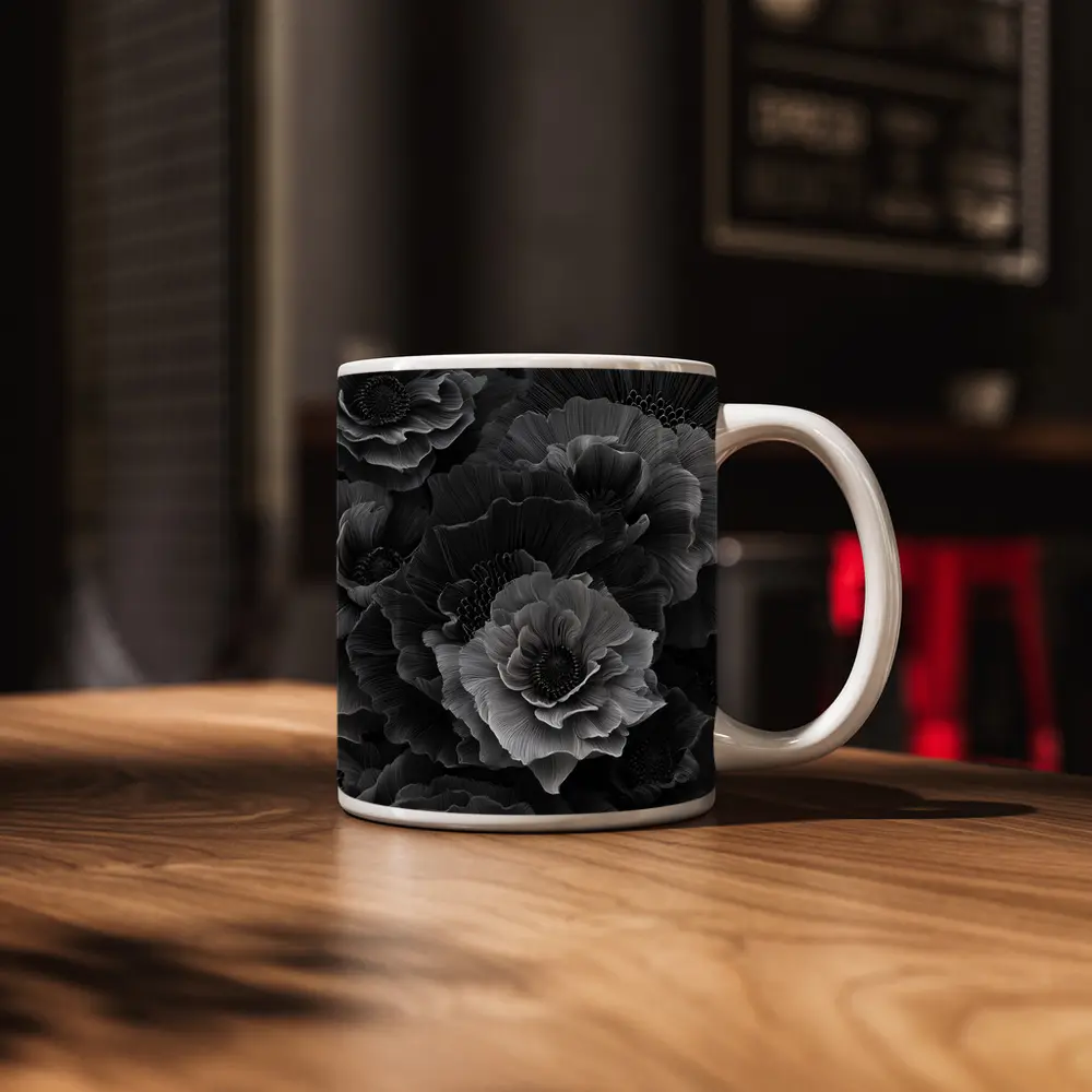 Black and White Peony Flowers Dark Art – Mugs