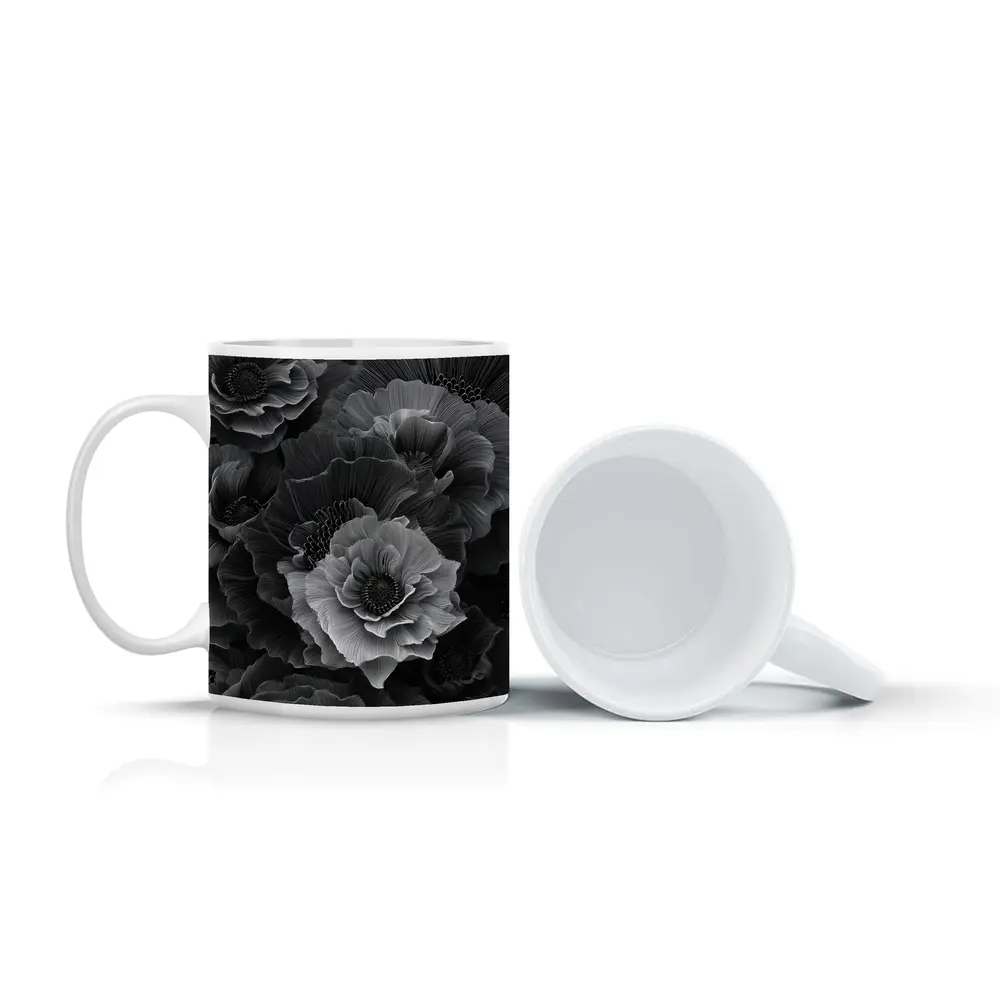 Black and White Peony Flowers Dark Art – Mugs