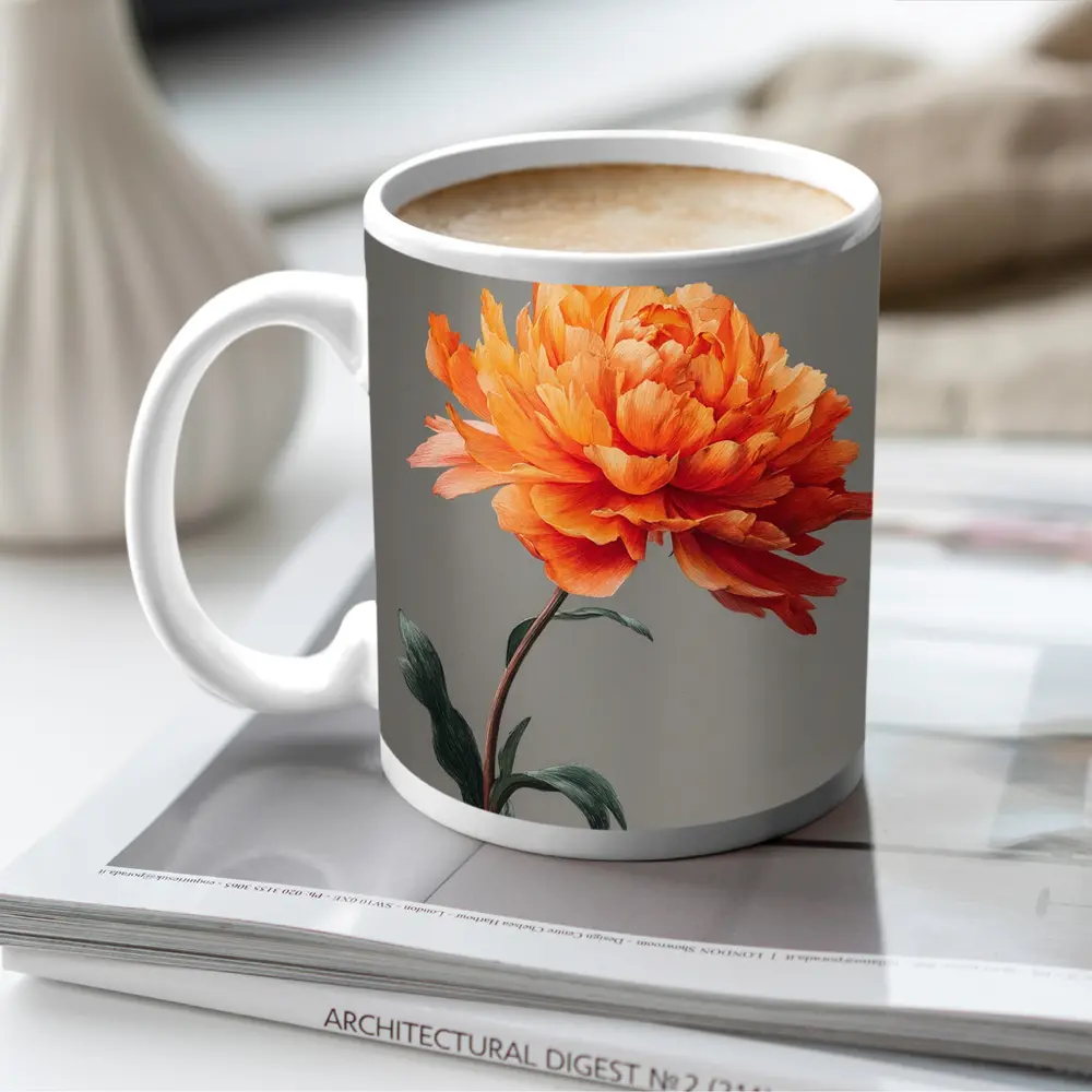 Orange Peony Flower Gray Background Art – Mugs