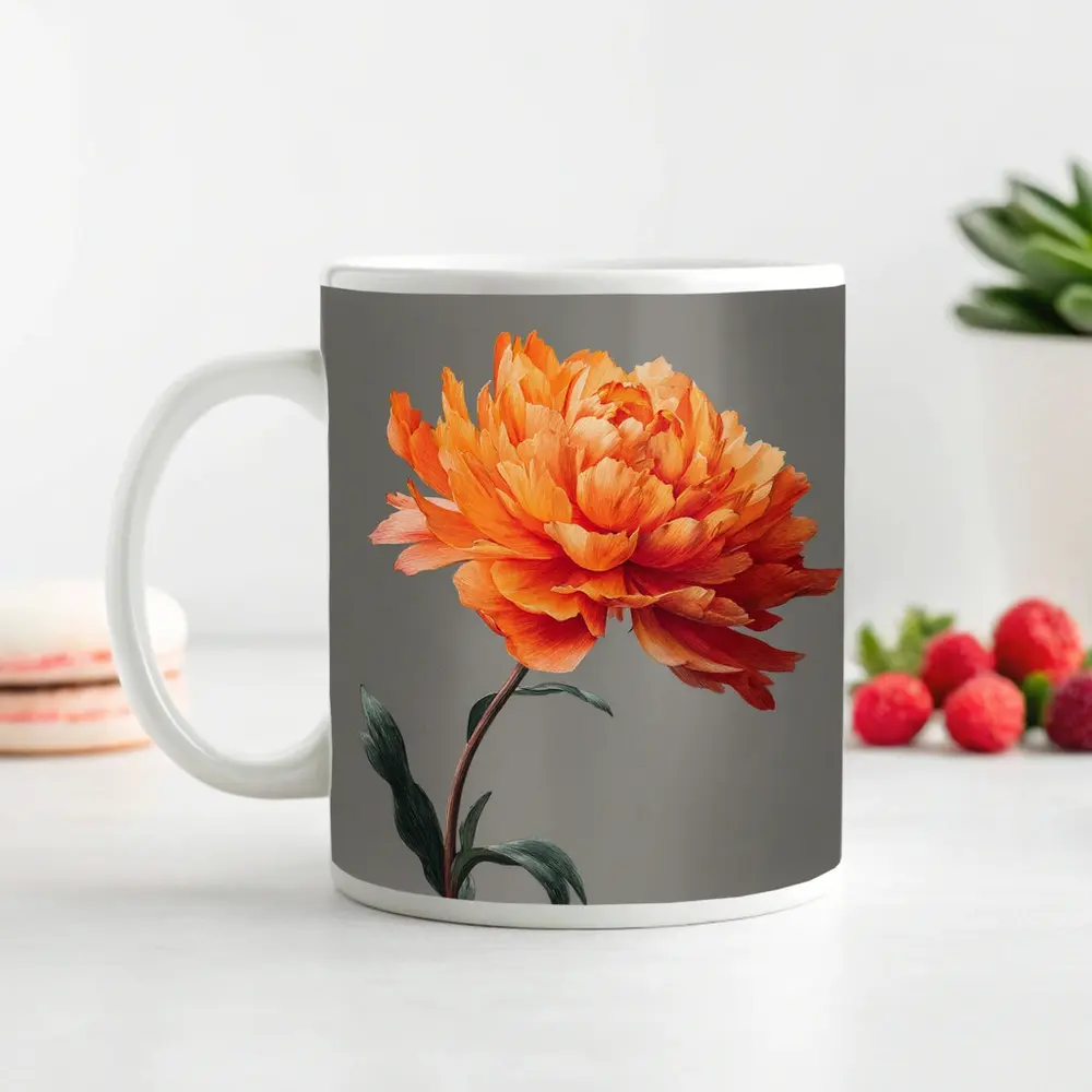 Orange Peony Flower Gray Background Art – Mugs