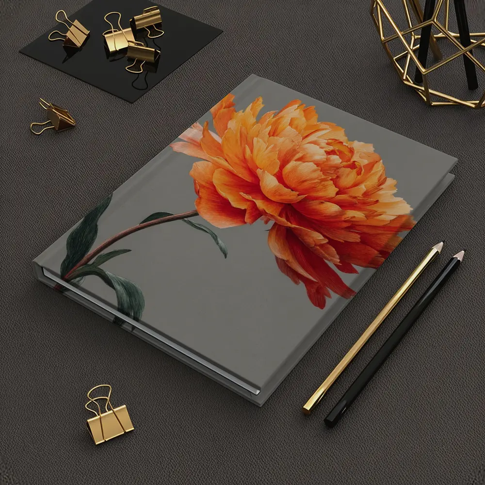 Orange Peony Flower Gray Background Art – Notebooks
