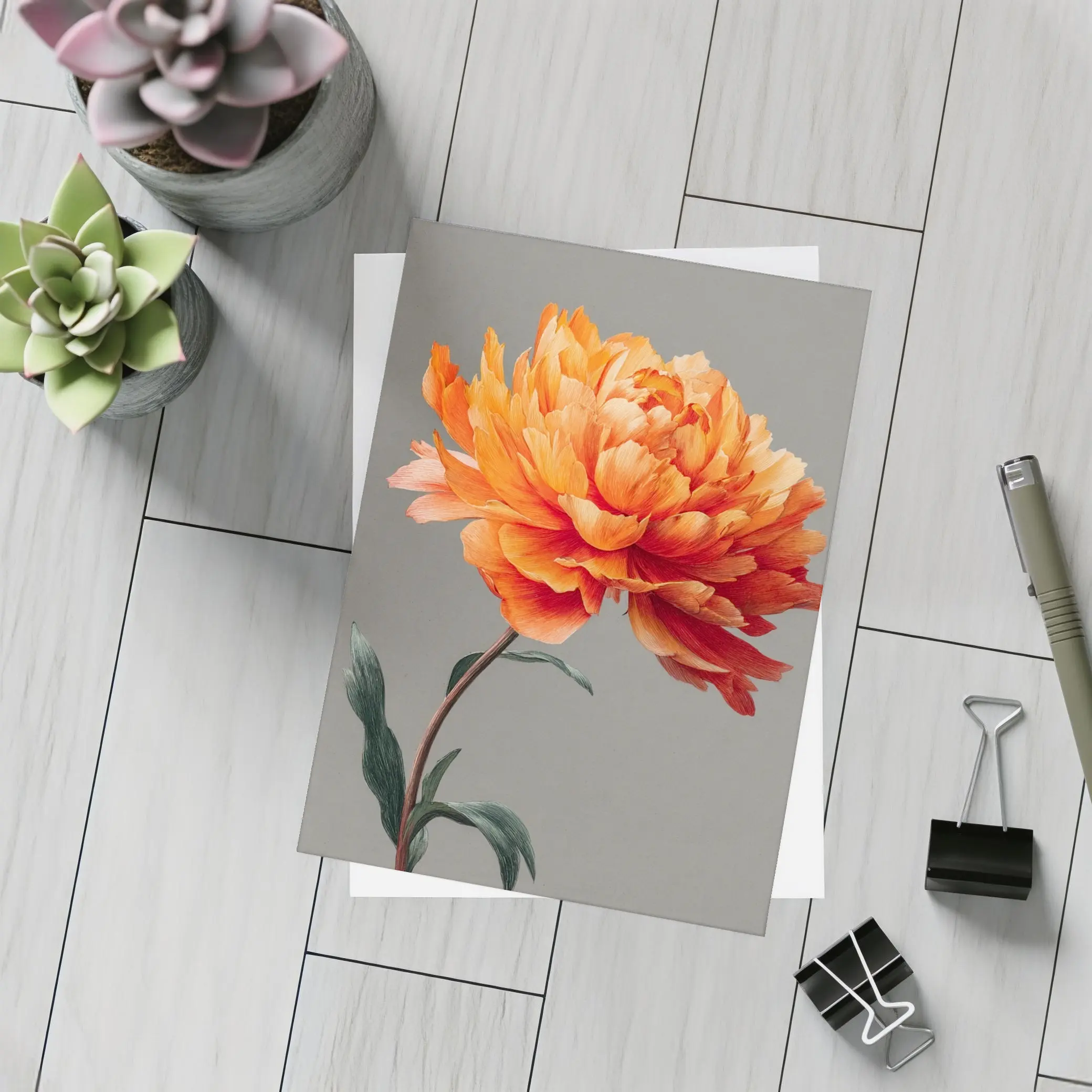 Orange Peony Flower Gray Background Art – Postcards