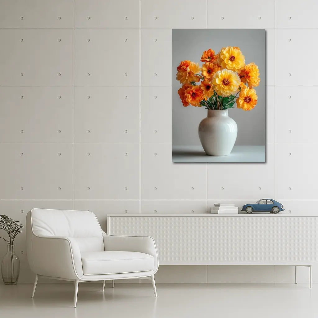 Orange Dahlia Bouquet White Vase Gray Background – Wall Art