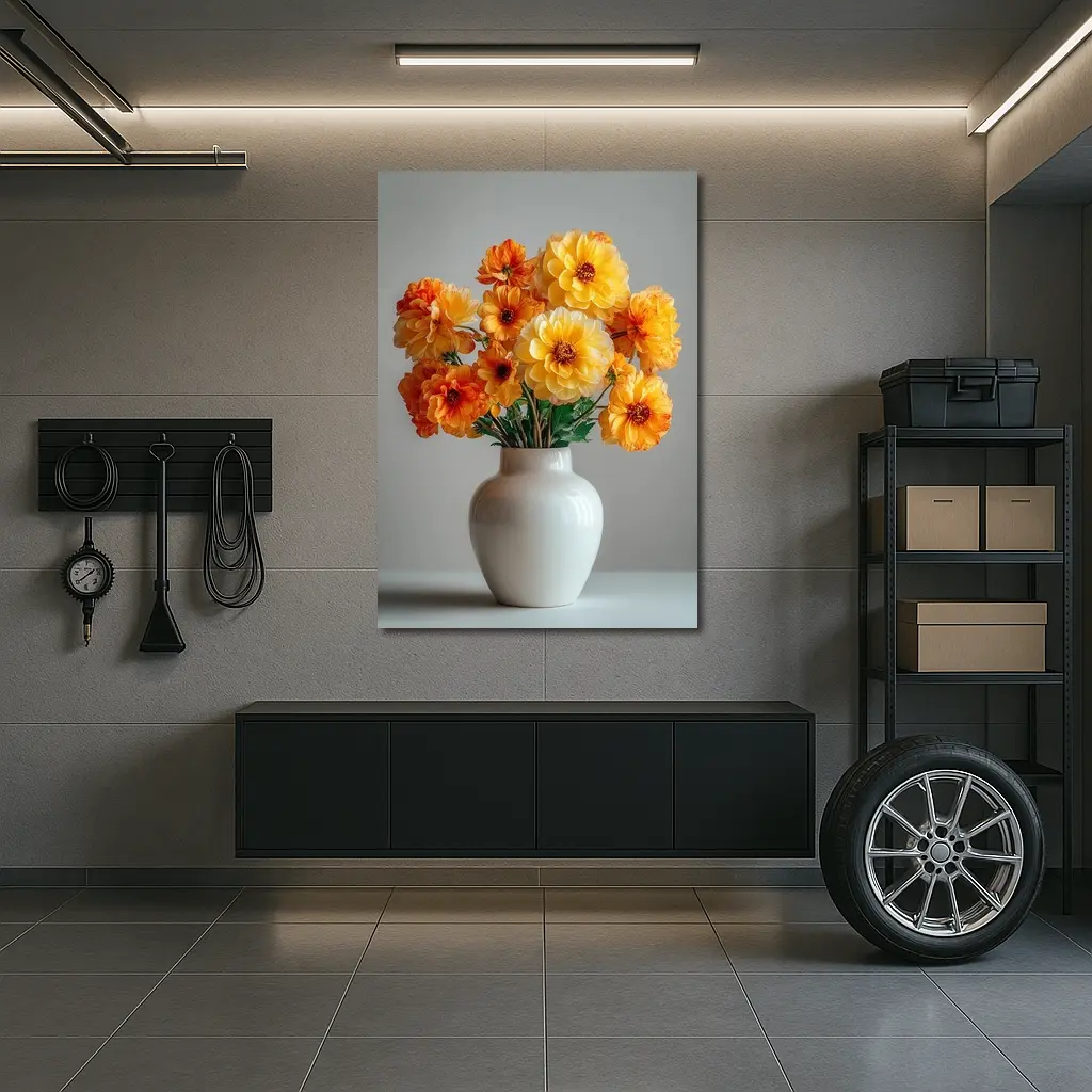 Orange Dahlia Bouquet White Vase Gray Background – Wall Art