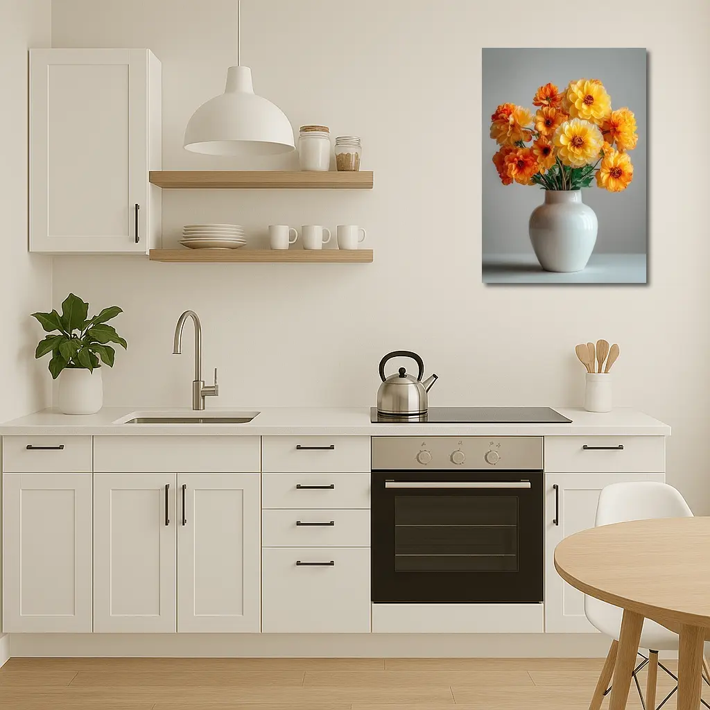 Orange Dahlia Bouquet White Vase Gray Background – Wall Art