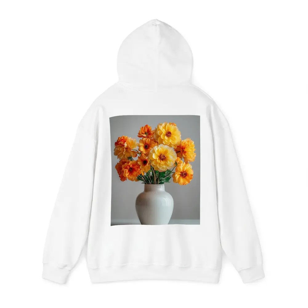Orange Dahlia Bouquet White Vase Gray Background – Hoodies