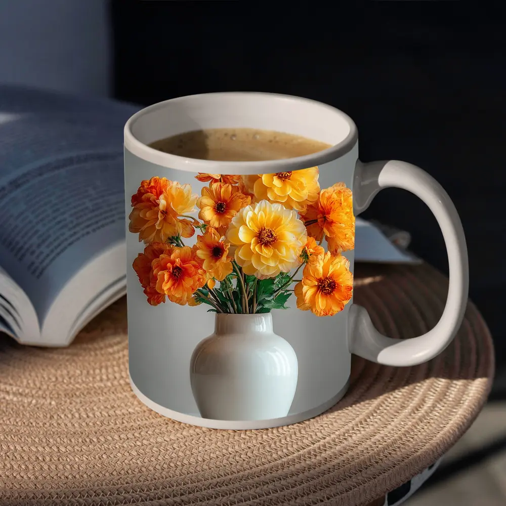 Orange Dahlia Bouquet White Vase Gray Background – Mugs
