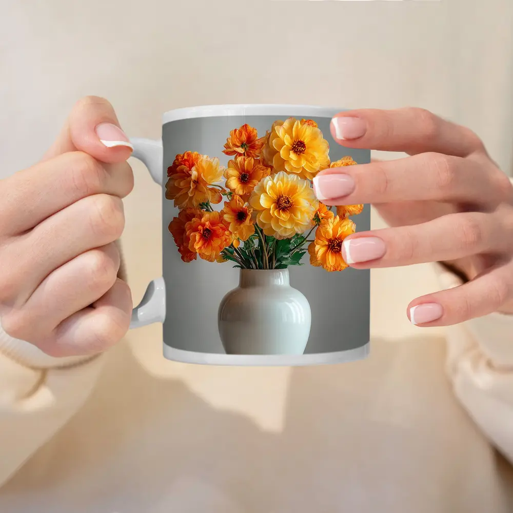 Orange Dahlia Bouquet White Vase Gray Background – Mugs
