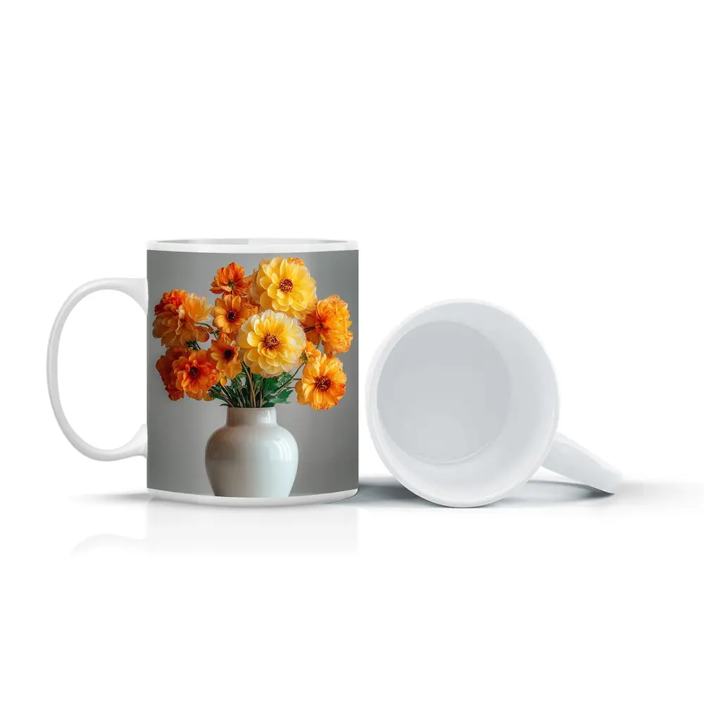 Orange Dahlia Bouquet White Vase Gray Background – Mugs