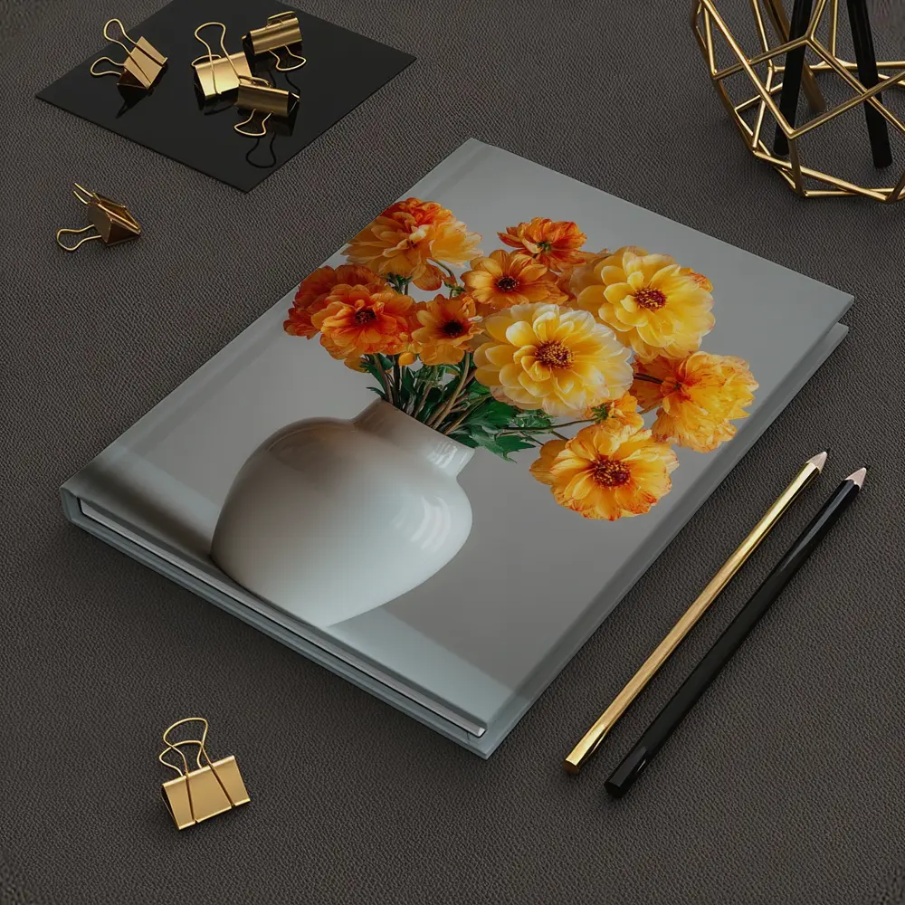 Orange Dahlia Bouquet White Vase Gray Background – Notebooks