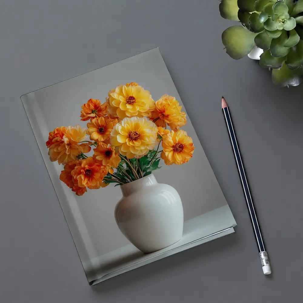 Orange Dahlia Bouquet White Vase Gray Background – Notebooks