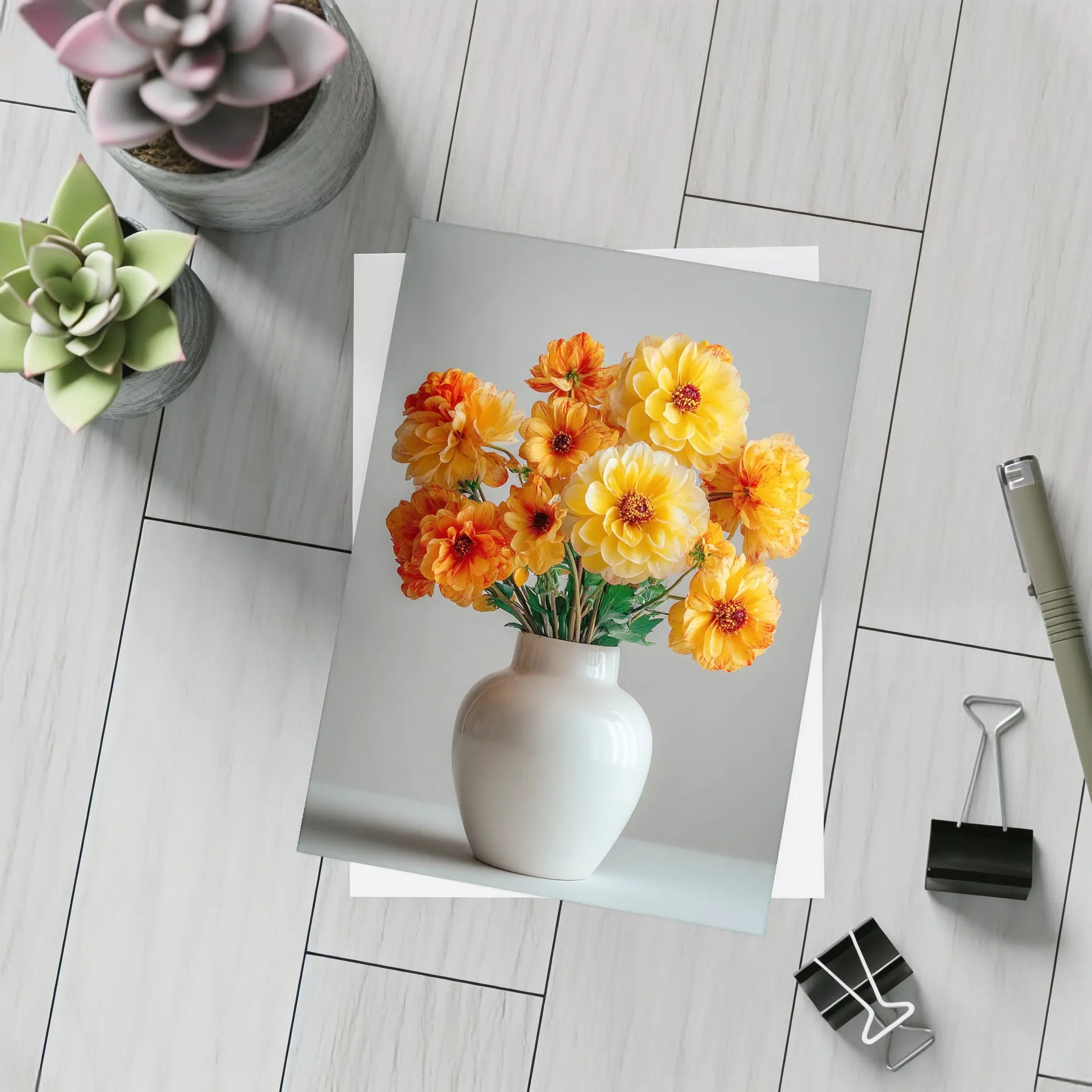 Orange Dahlia Bouquet White Vase Gray Background – Postcards