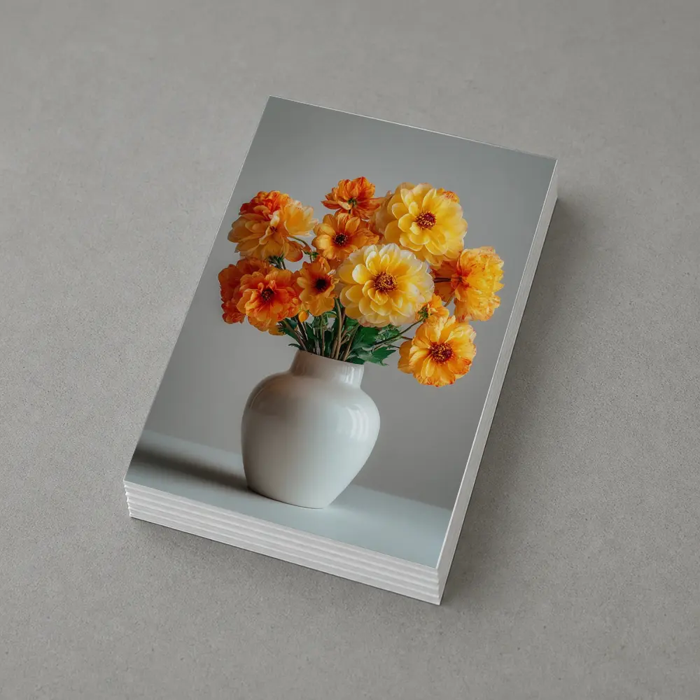 Orange Dahlia Bouquet White Vase Gray Background – Postcards
