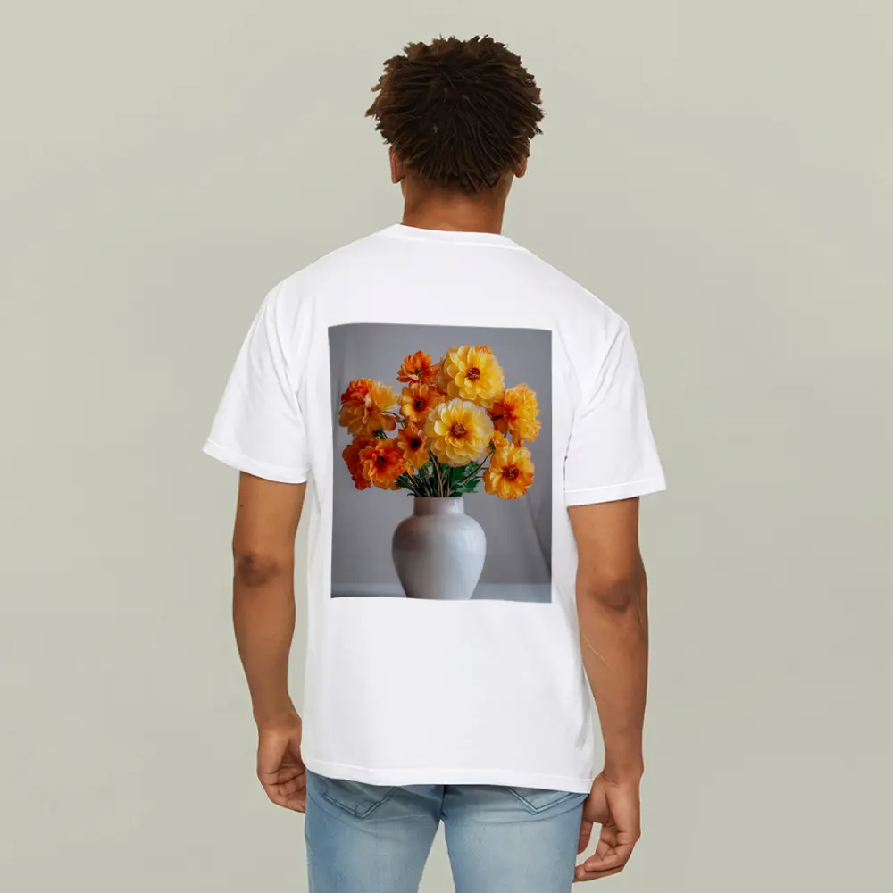Orange Dahlia Bouquet White Vase Gray Background – T-Shirts