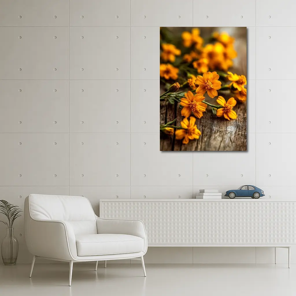Orange Cosmos Flowers On Rustic Wood – Wall Art
