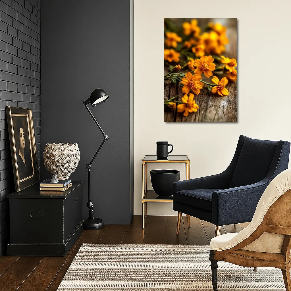 Orange Cosmos Flowers On Rustic Wood – Wall Art