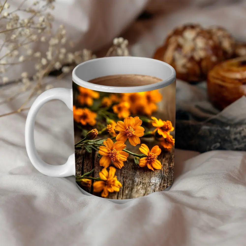 Orange Cosmos Flowers On Rustic Wood – Mugs