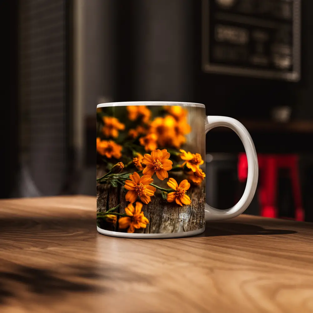 Orange Cosmos Flowers On Rustic Wood – Mugs