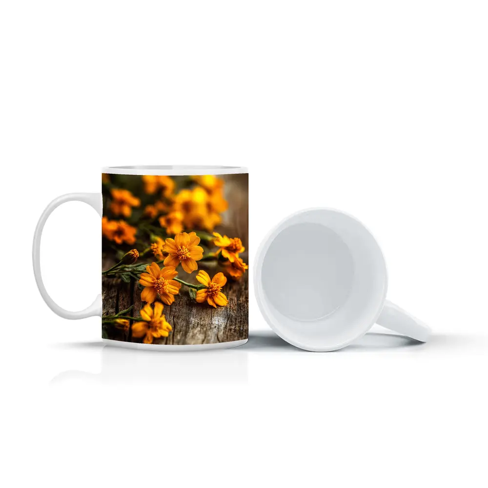 Orange Cosmos Flowers On Rustic Wood – Mugs