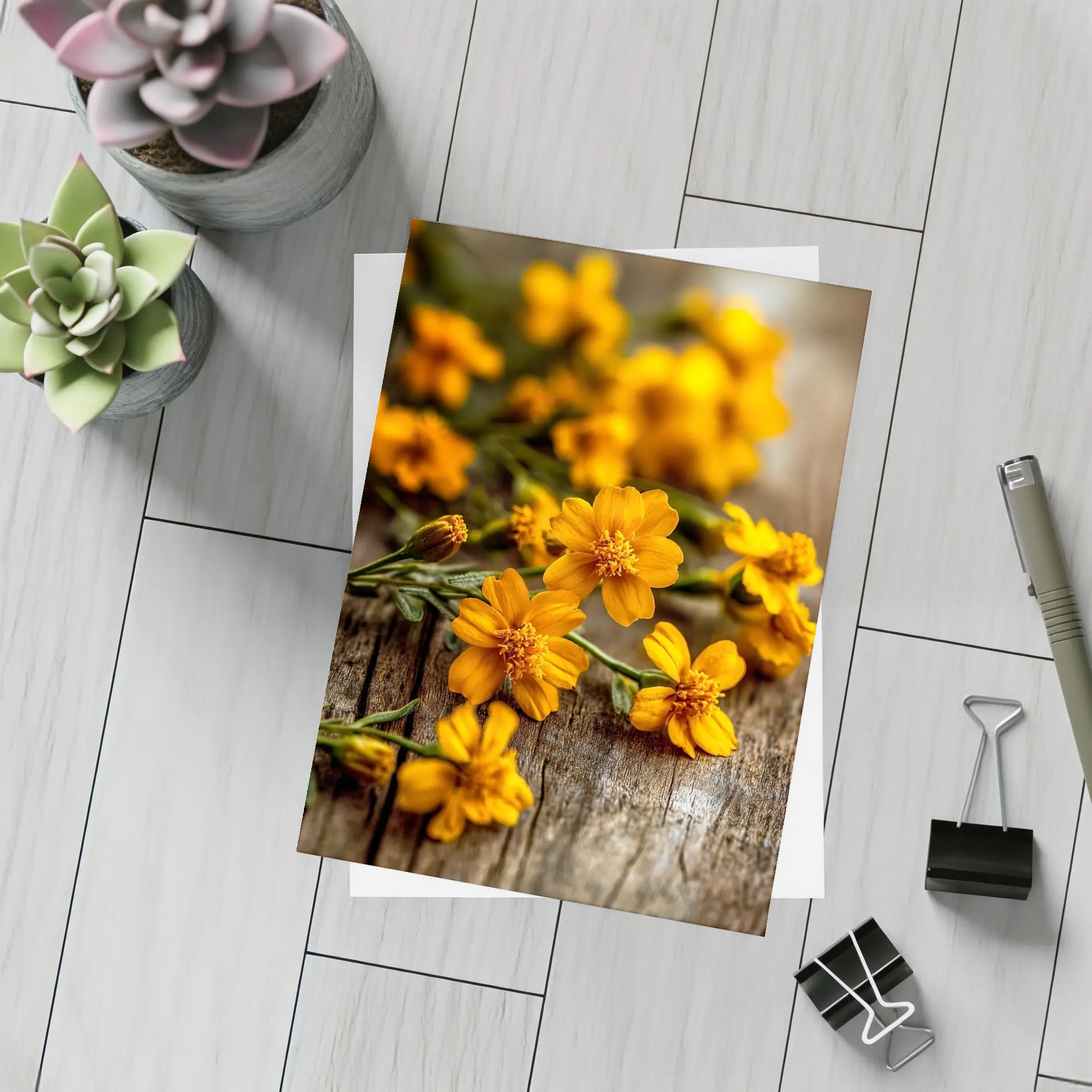 Orange Cosmos Flowers On Rustic Wood – Postcards