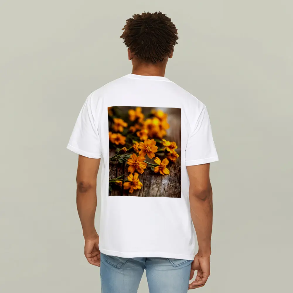Orange Cosmos Flowers On Rustic Wood – T-Shirts