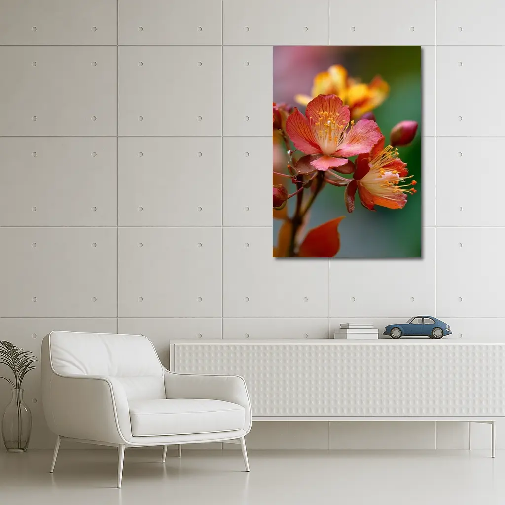 Red Orange Tropical Flowers Green Background – Wall Art