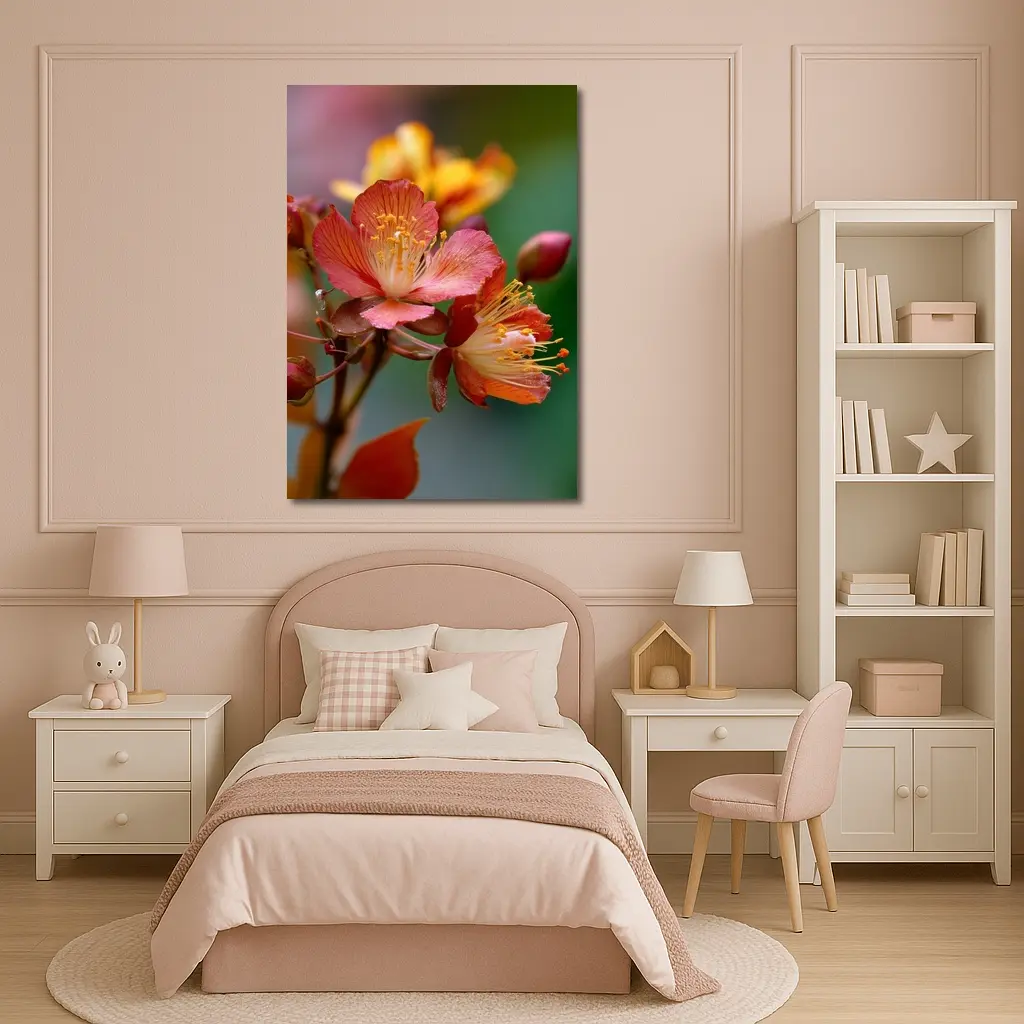 Red Orange Tropical Flowers Green Background – Wall Art