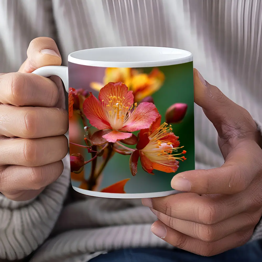 Red Orange Tropical Flowers Green Background – Mugs