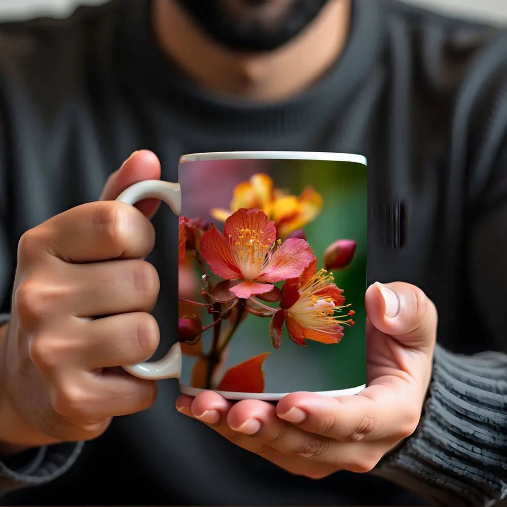 Red Orange Tropical Flowers Green Background – Mugs