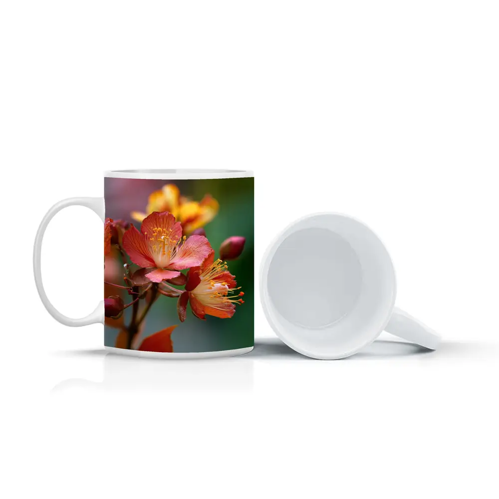 Red Orange Tropical Flowers Green Background – Mugs
