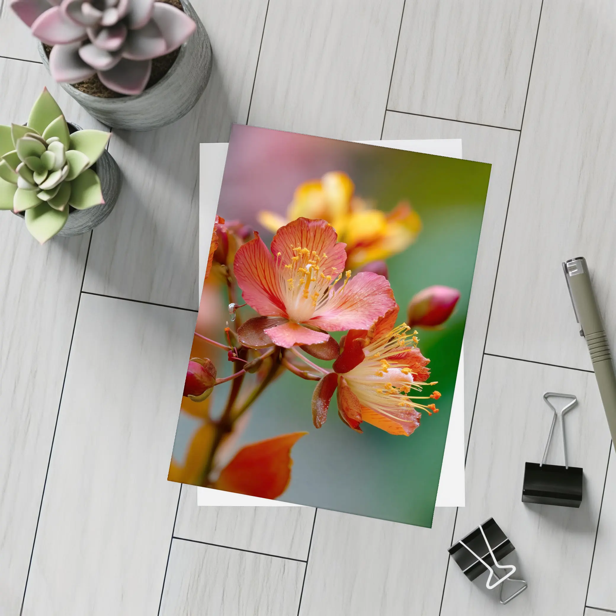 Red Orange Tropical Flowers Green Background – Postcards